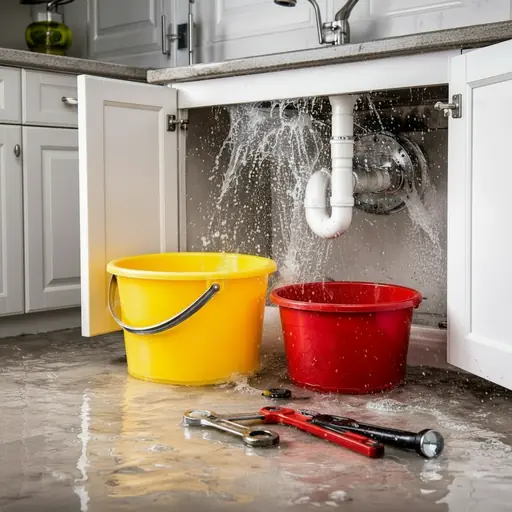 Emergency plumbing repair Mesa - burst pipe flooding kitchen with buckets catching water